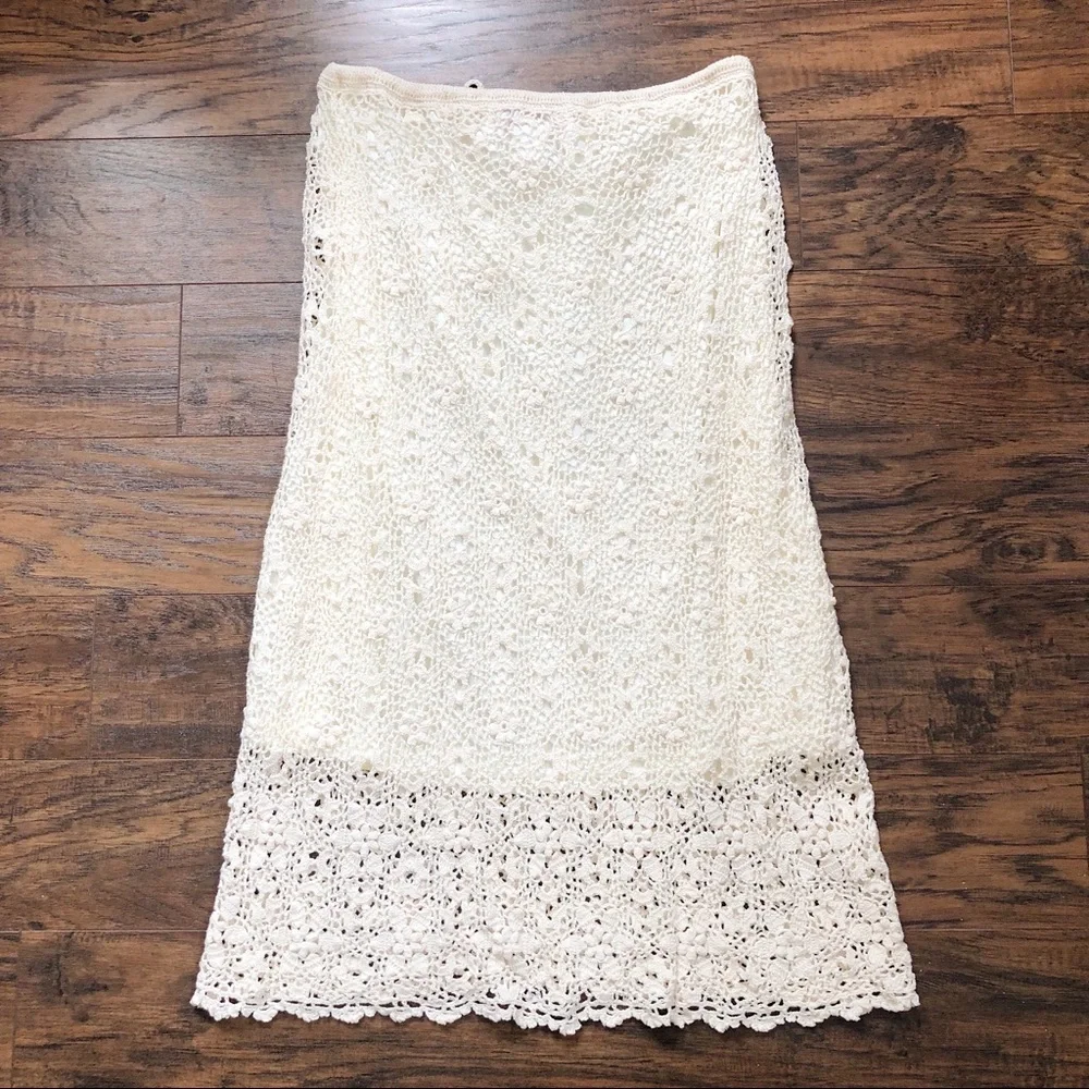 SOLD Rene Derhy • vintage crocheted skirt lace knit drawstring waist midi cream - Picture 10 of 14